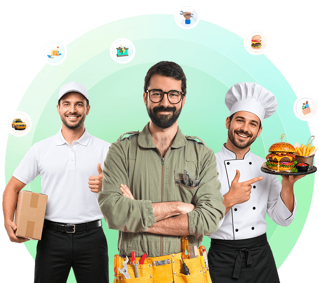 A driver, a handyman and a chef standing together